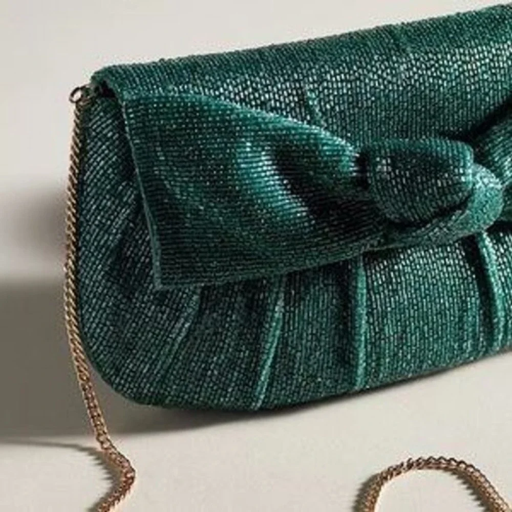 Maeve‎ Anthropologie Green Beaded Bow Clutch Chain Strap NWOT